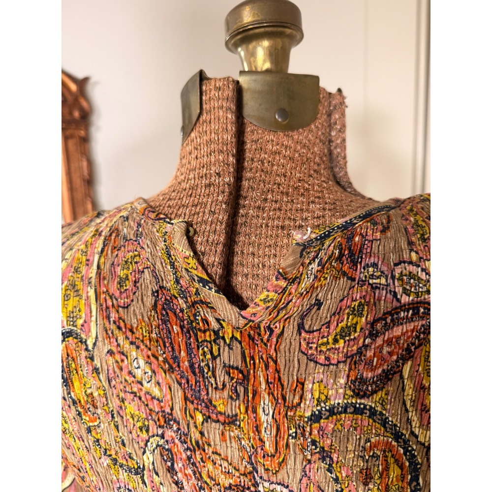 Rusttydustty Womens Paisley Smocked Tiered Midi Dress Long Sleeve Brown Boho L - Picture 5 of 8